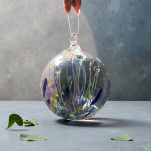 Signed Iridescent Witch Ball Hand Blown Glass Orb
